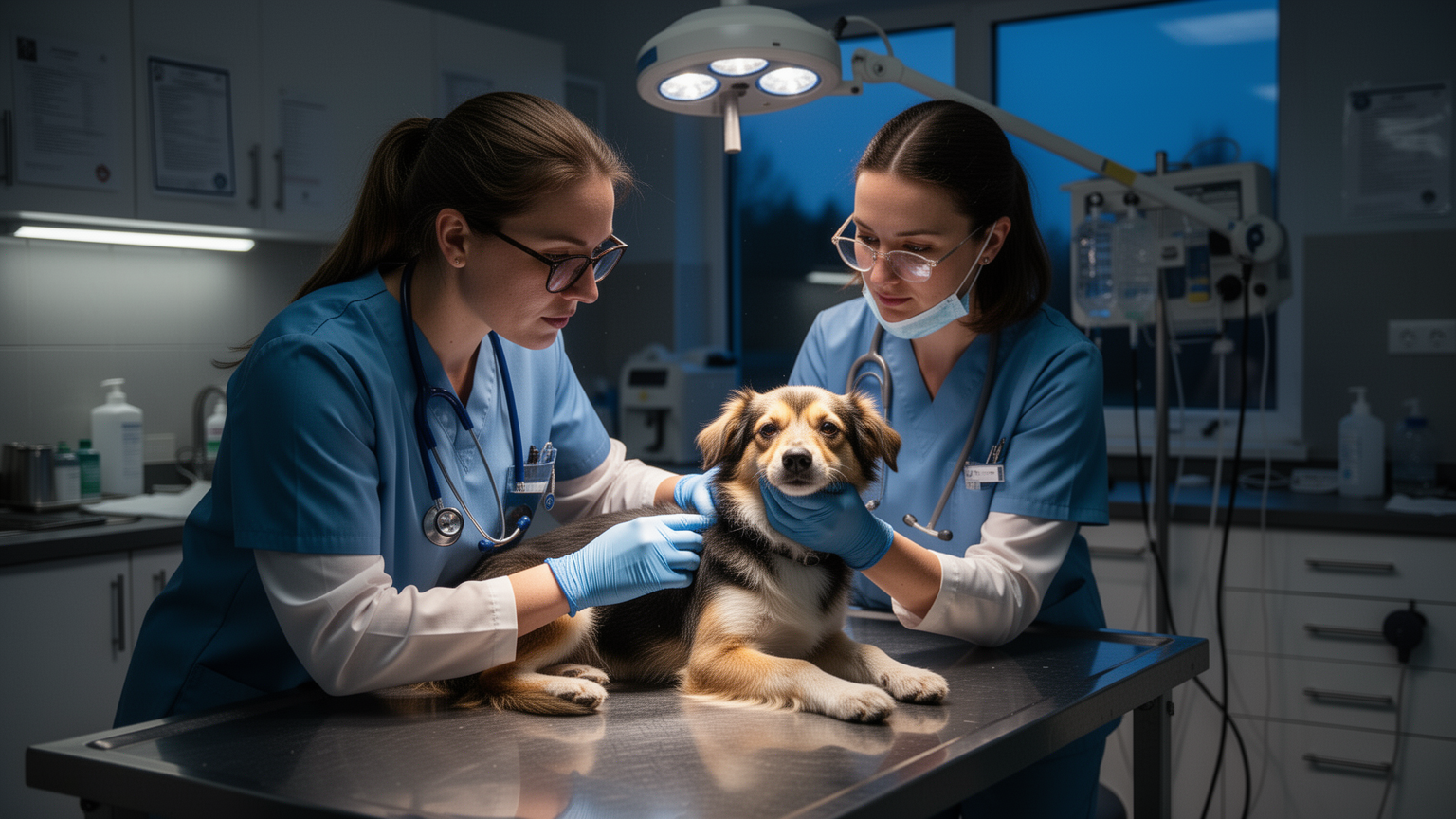 Veterinarian examining a pet during evening or night hours in a clinic