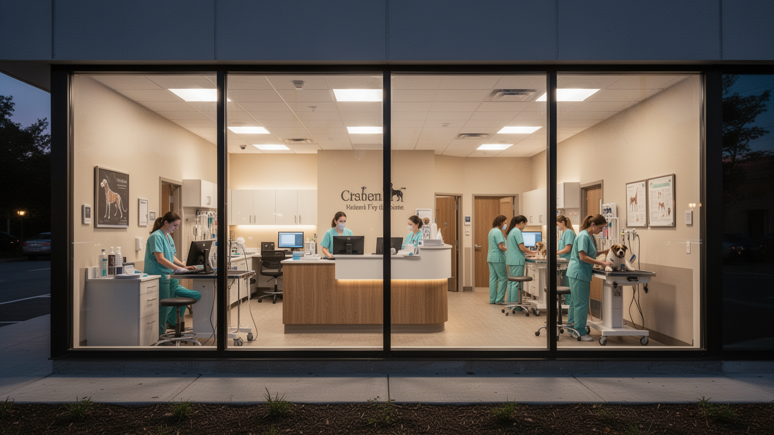 Veterinary clinic interior during evening hours with staff actively working, showing round-the-clock availability