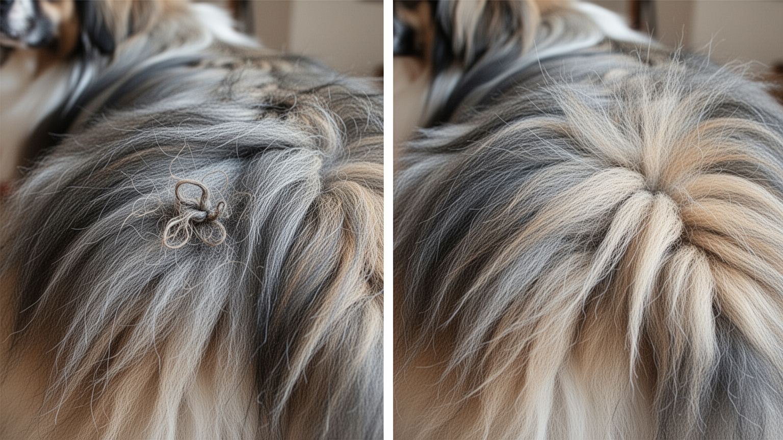 Two-tile comparison showing a small mat in dog coat versus the same section after brushing smooth