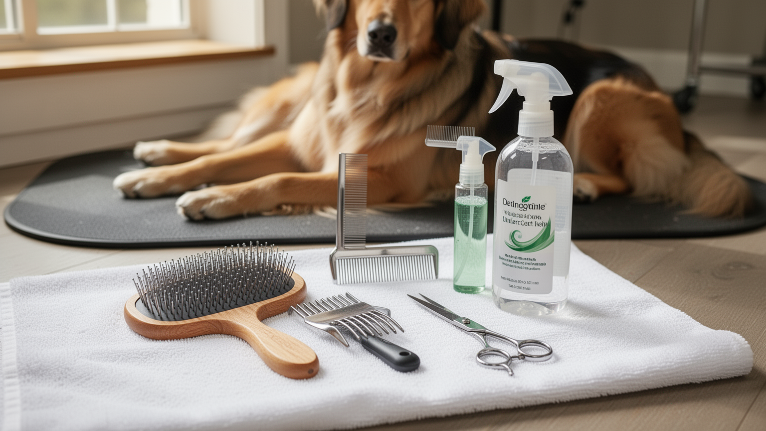 Grooming tools including slicker brush, metal comb, undercoat rake, and detangling spray arranged on a towel