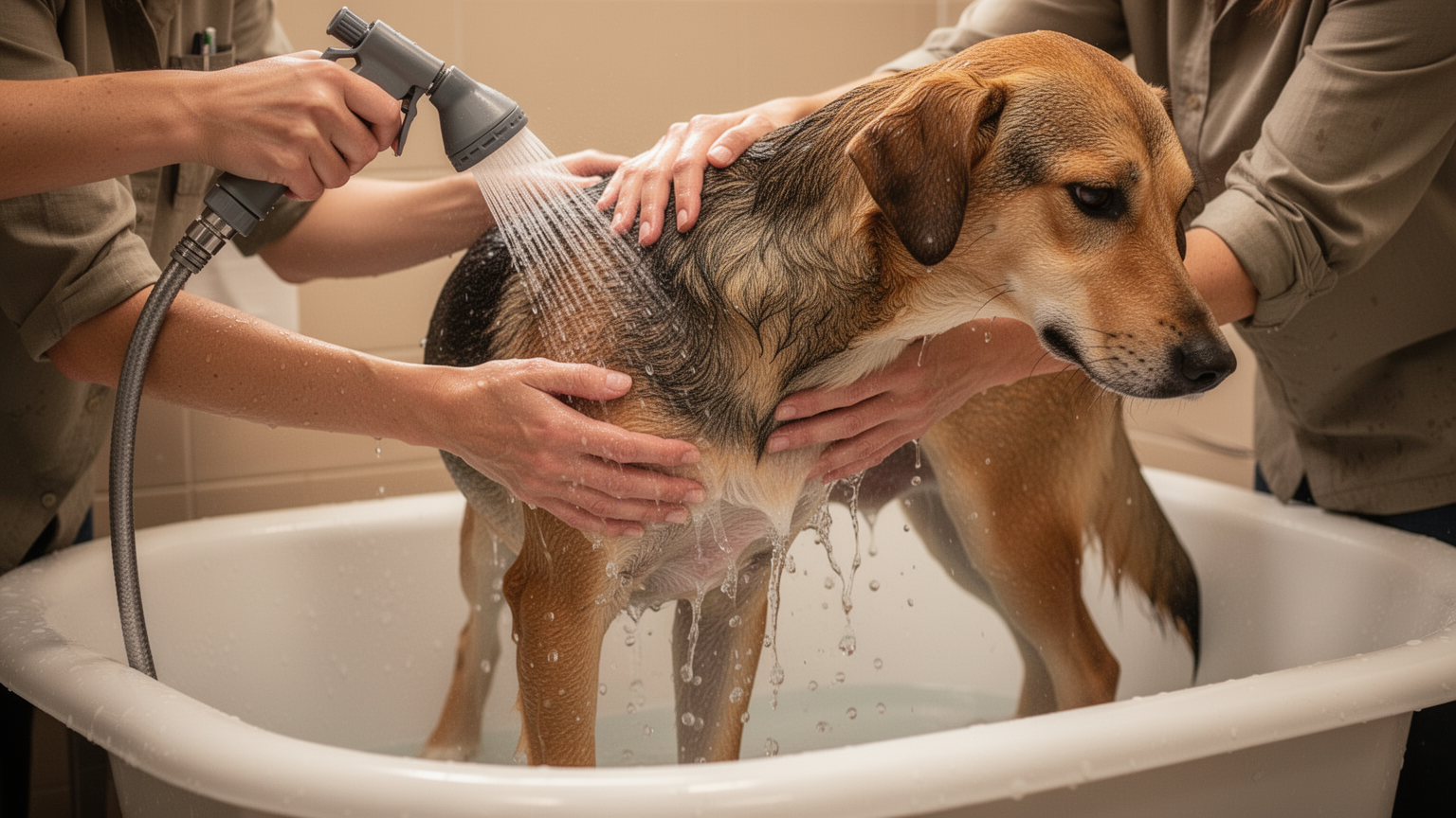 A handler gently pouring water over a dog's legs and belly while supporting the dog's side with a steady hand.