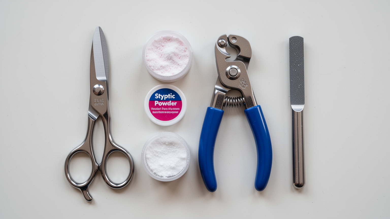 Grooming tools laid out including two types of nail clippers, styptic powder, and nail file