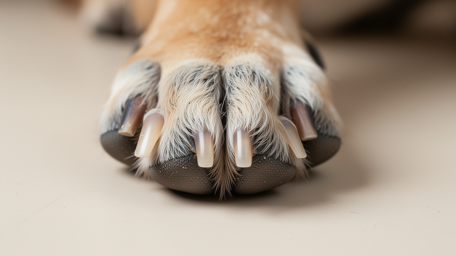 Dog's paw with freshly trimmed nails at appropriate length relative to paw pad