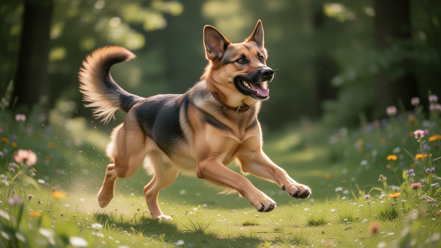 A healthy, energetic adult dog showing vitality and good muscle tone in an outdoor setting.