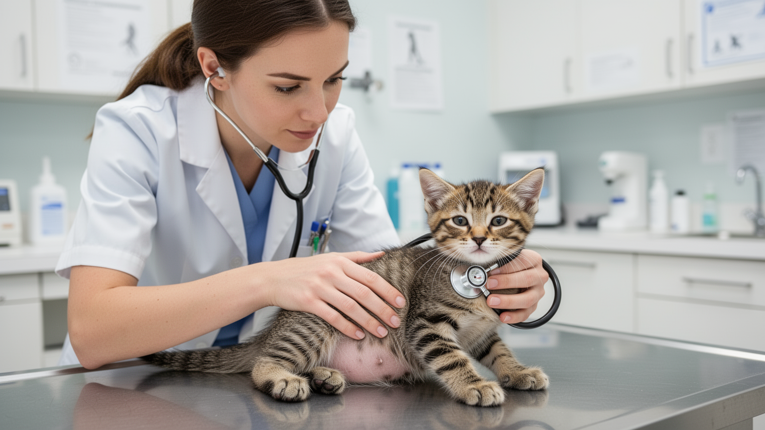 Veterinarian gently examining a young kitten during a wellness check at a bright, clean clinic