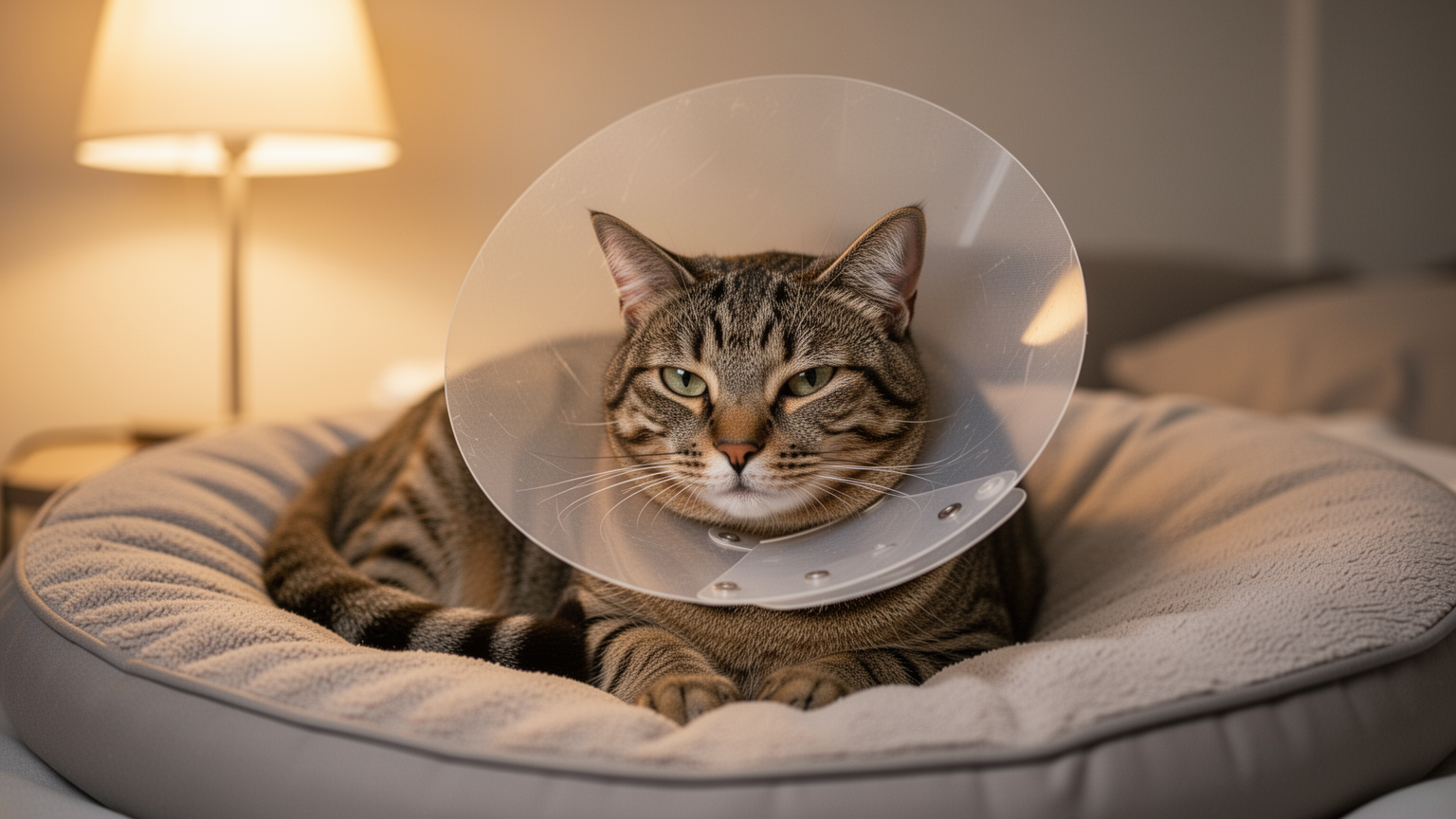 Cat wearing an Elizabethan collar resting peacefully on a soft bed in a quiet home recovery space