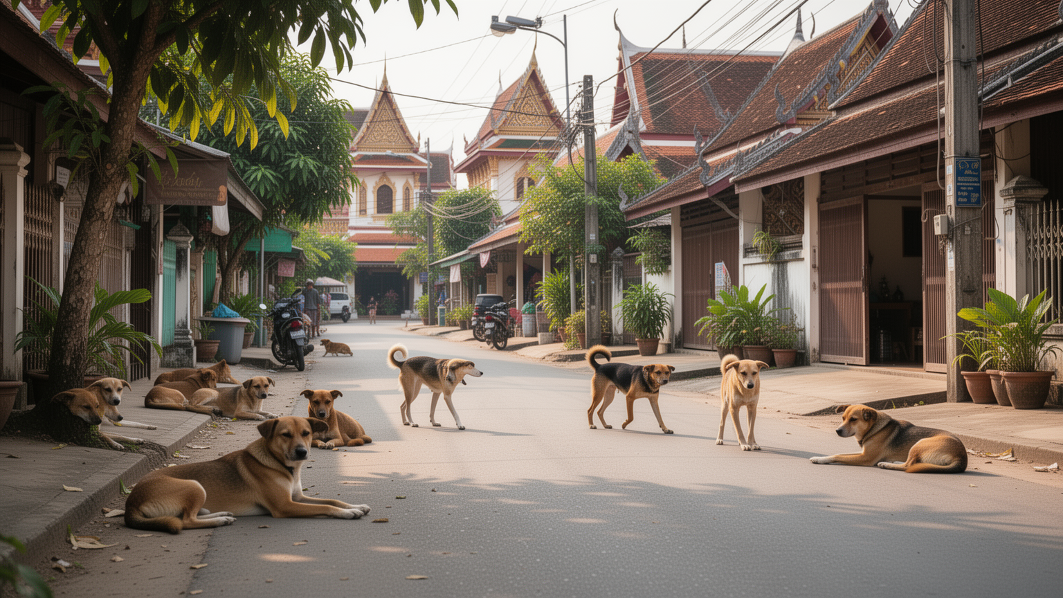 Community dogs on a Thai residential street, reflecting local animal welfare context.