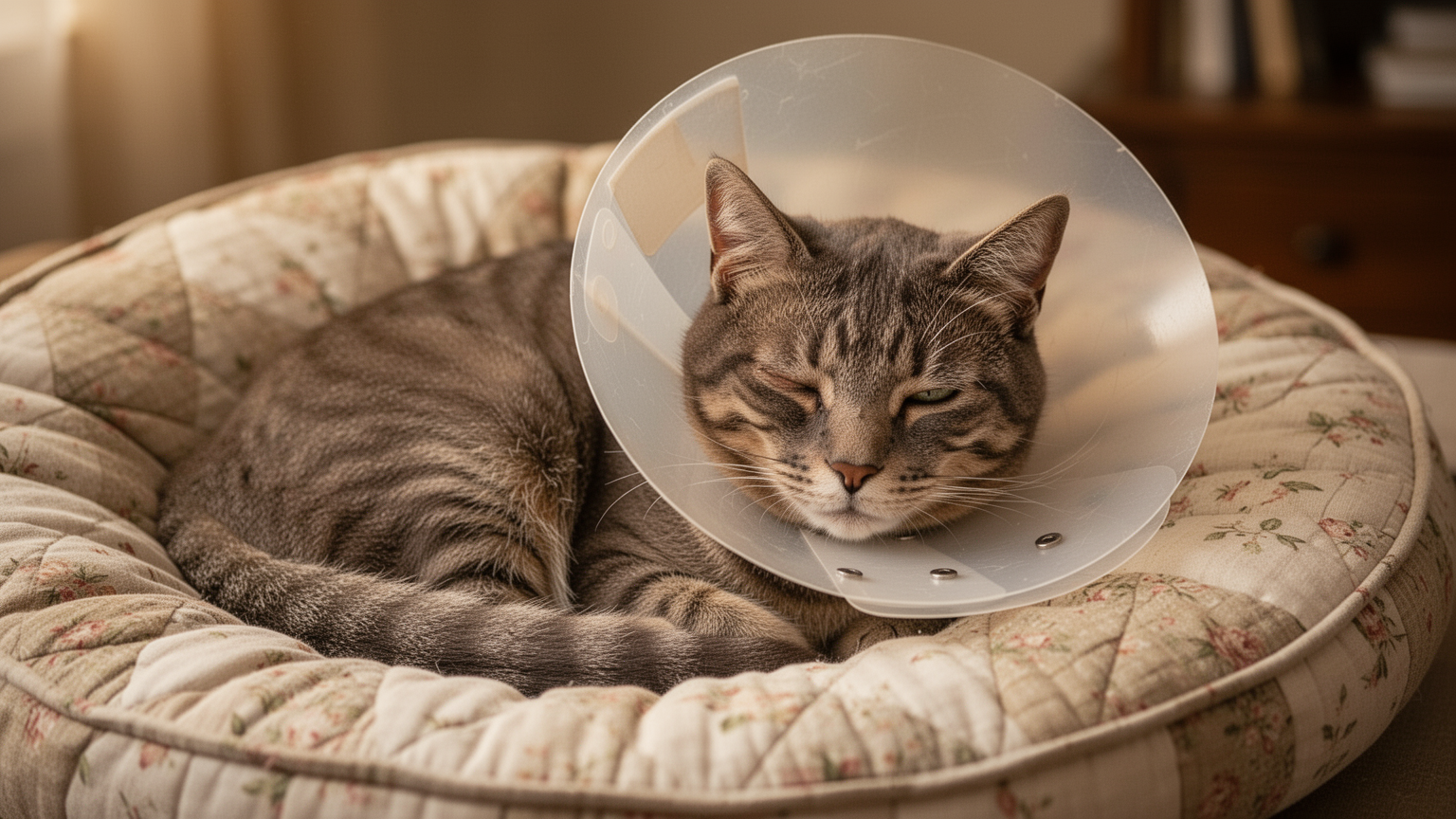A calm tabby cat resting on a soft blanket in recovery, wearing a protective Elizabethan collar, with partially closed eyes and relaxed posture