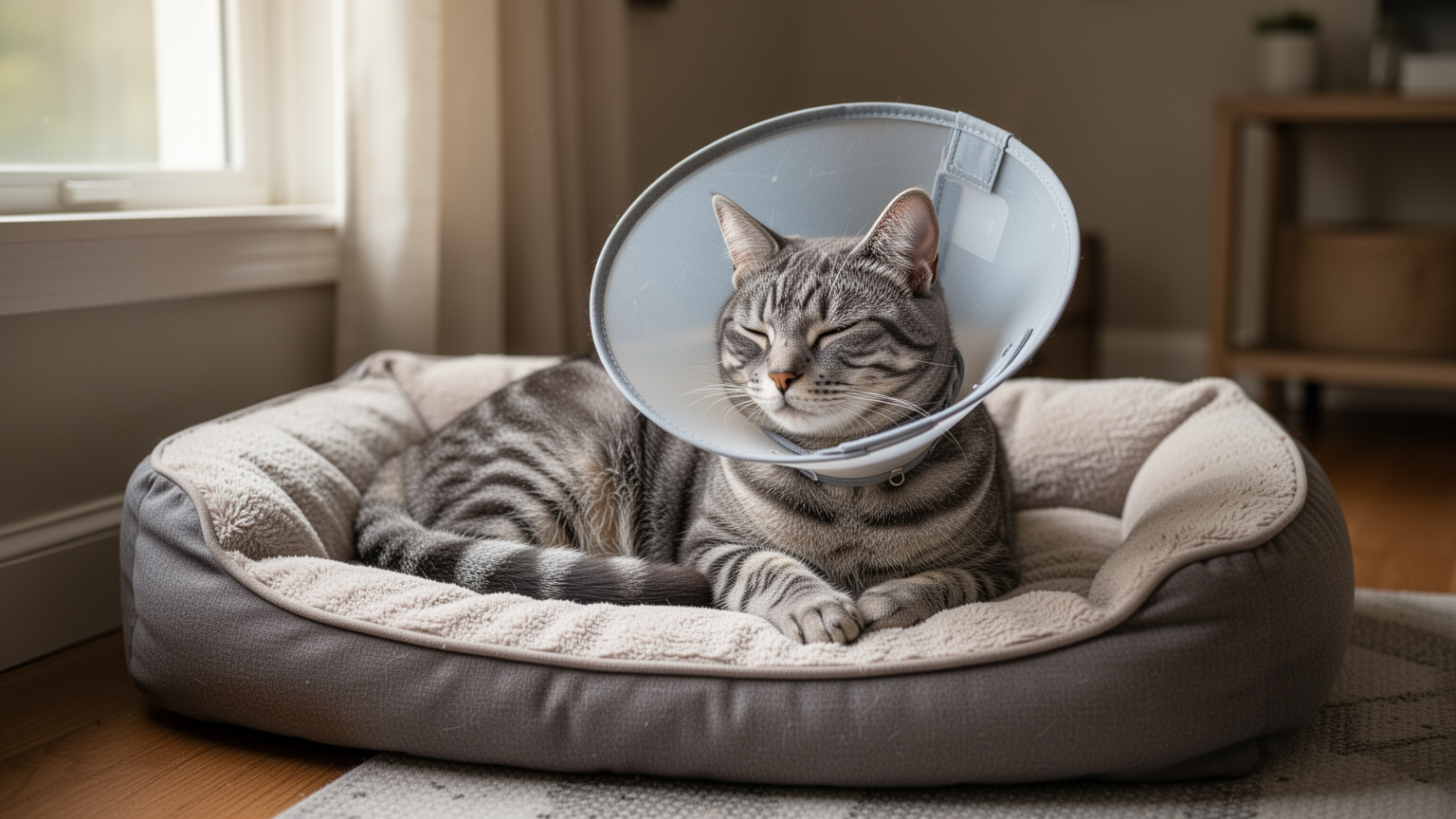 A cat wearing a recovery collar resting on a pet bed at home