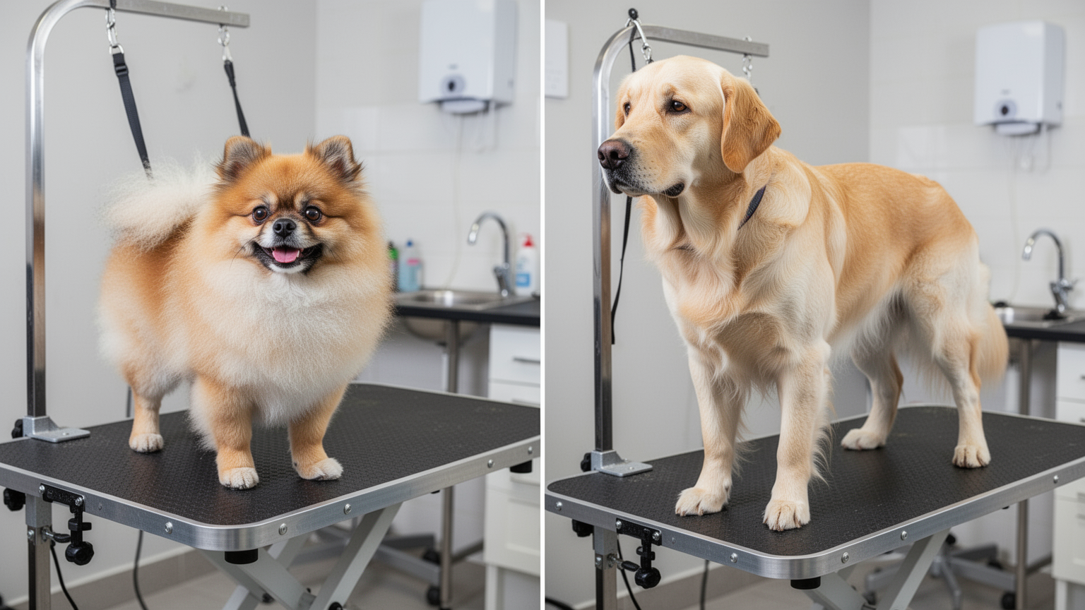 Left: a small fluffy dog on a grooming table; Right: a large dog on a grooming table, showing the size difference that affects pricing.