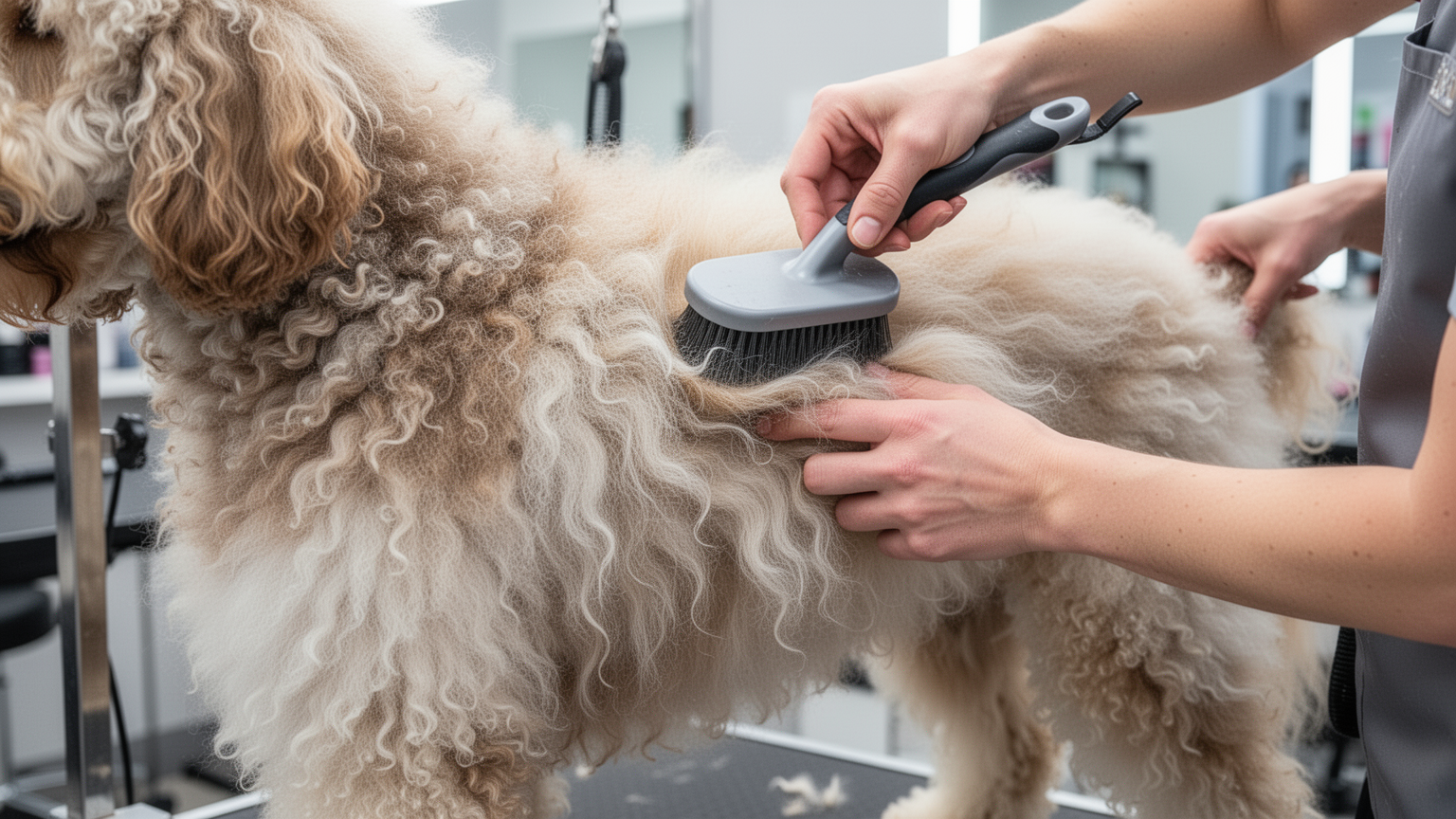 A groomer brushing a dog with a long, fluffy curly coat, showing the texture and care required for complex coat types.