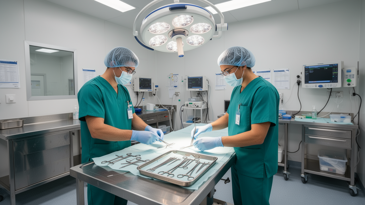 A veterinary professional preparing surgical instruments in a modern clinic