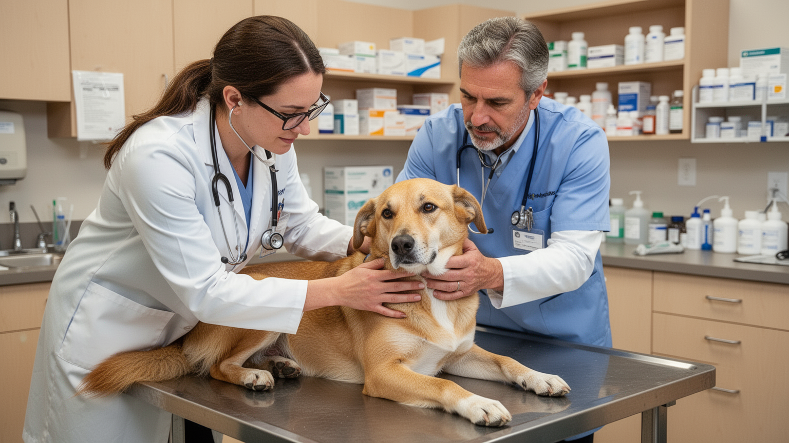 A veterinarian performing a clinical examination on a dog with professional technique