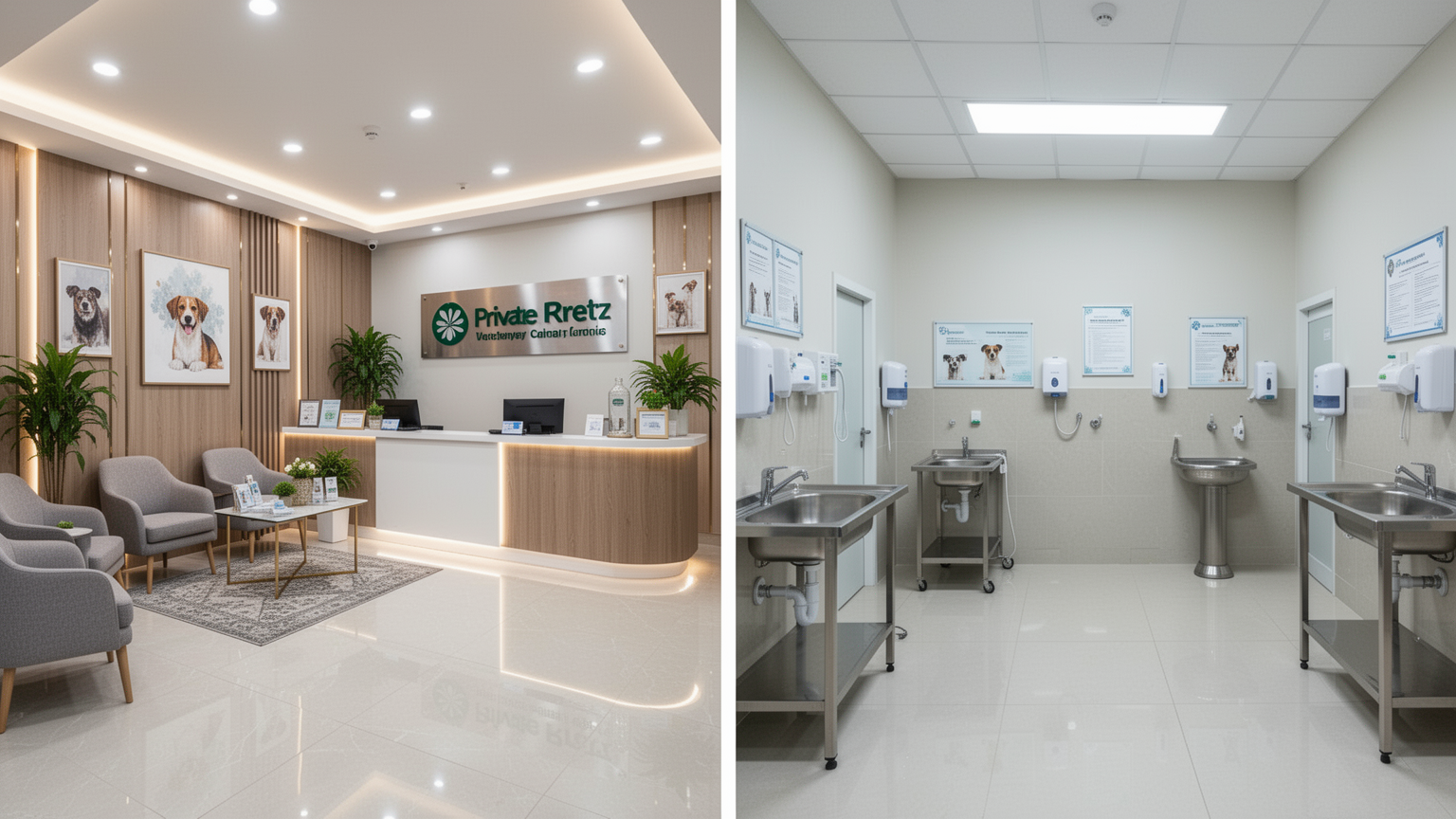 Side-by-side comparison of a modern private veterinary clinic and a simple low-cost clinic, both showing professional standards