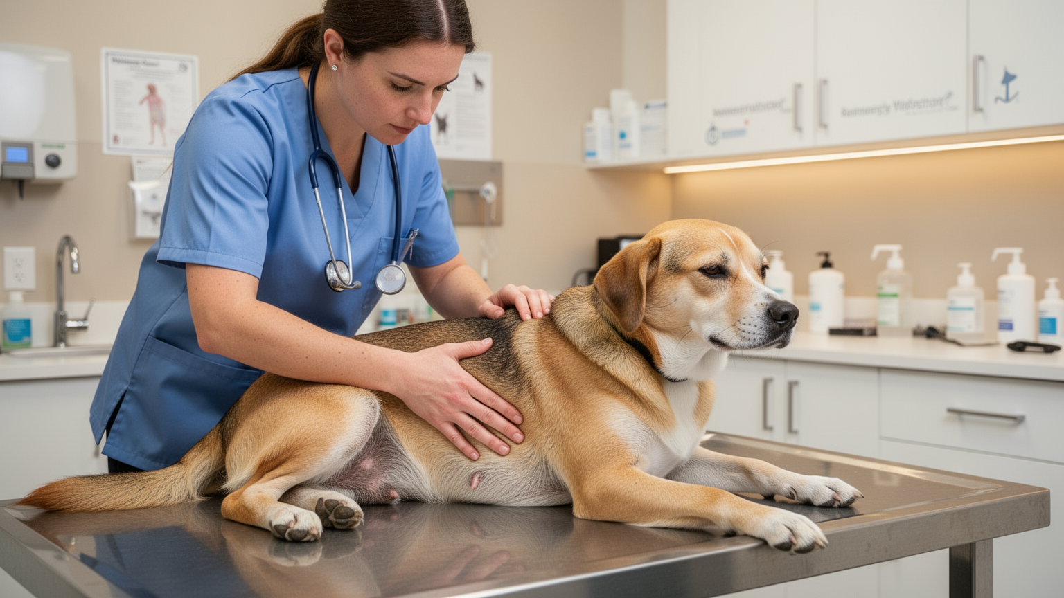 Veterinarian performing a gentle abdominal examination on a calm dog on an examination table