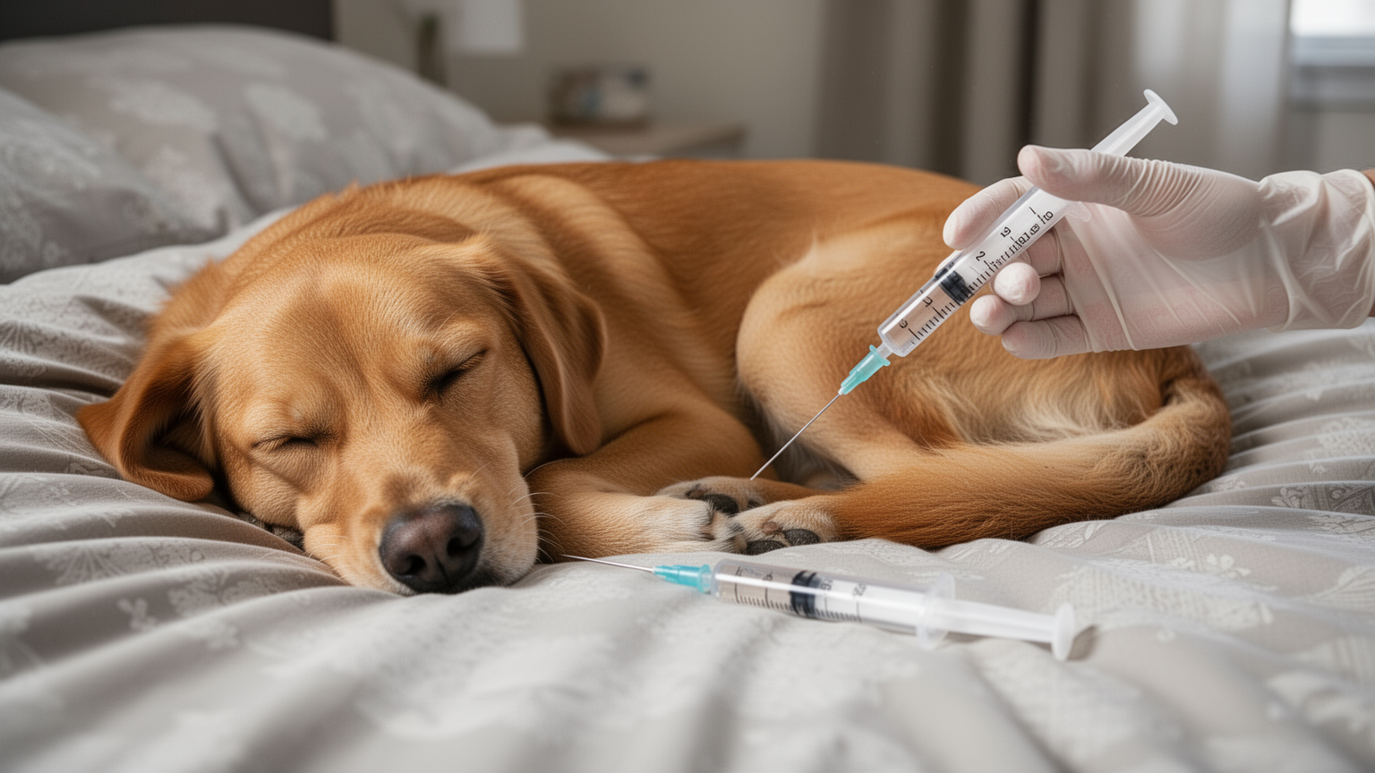 Dog resting peacefully on bed after vaccination