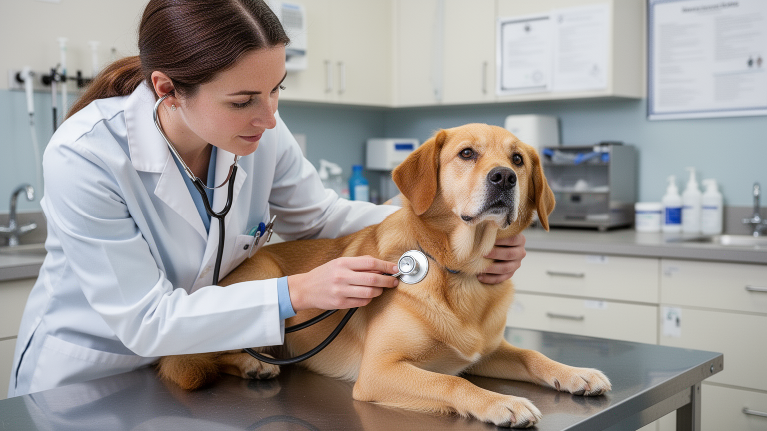 Veterinarian gently examining calm dog with stethoscope in professional clinic