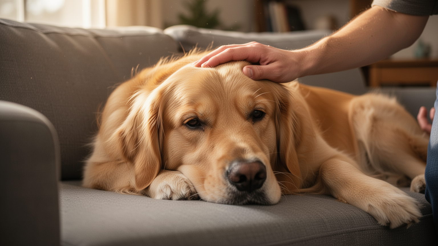 A resting dog at home the day after vaccination, appearing calm and comfortable