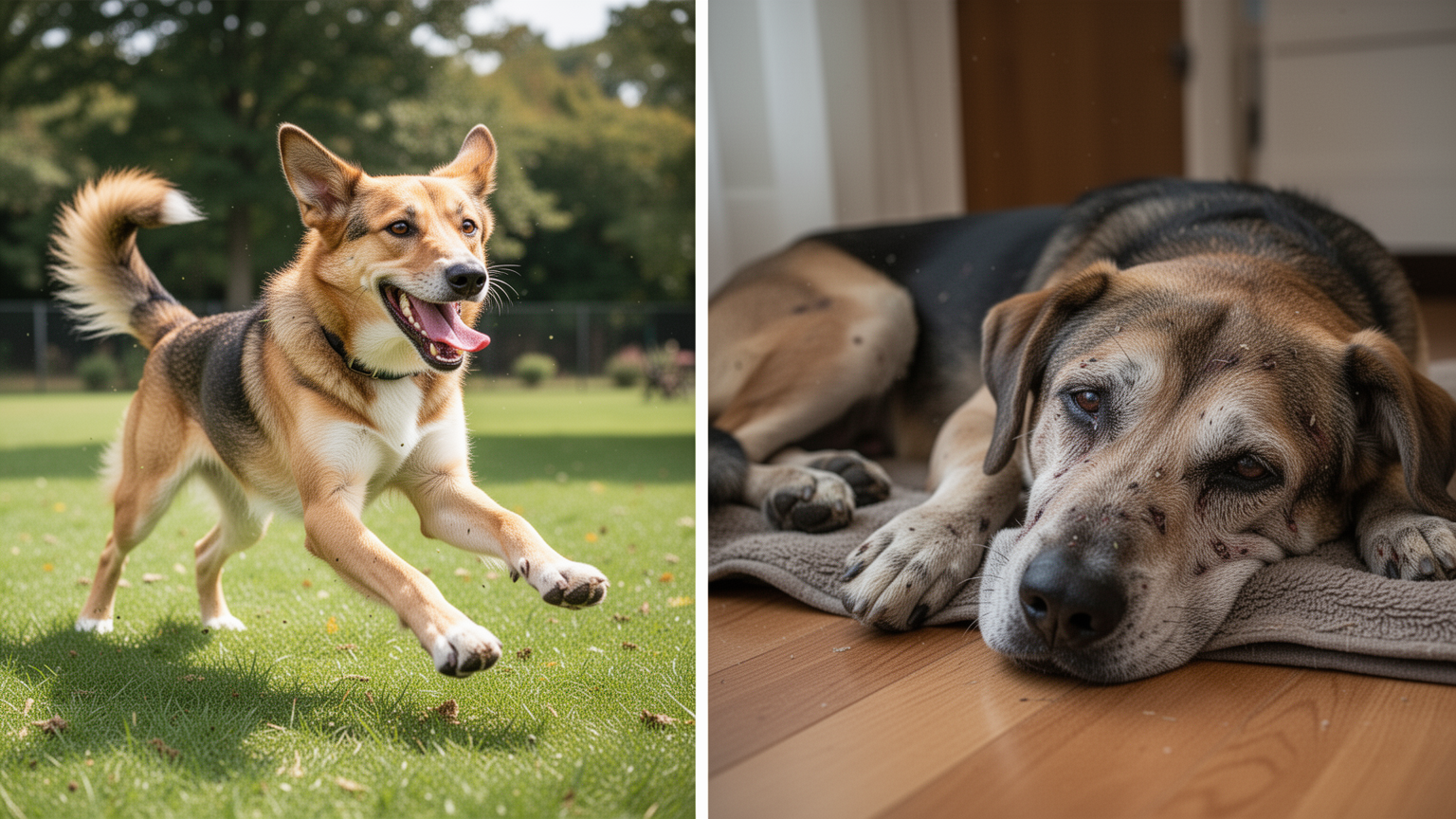 Side-by-side: left shows a healthy, energetic dog playing outdoors; right shows a lethargic, unwell dog resting indoors