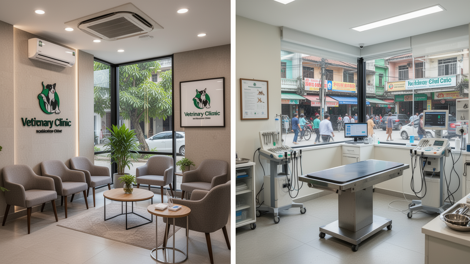 Two-tile comparison: upscale modern vet clinic on left, modest but functional local veterinary clinic on right.