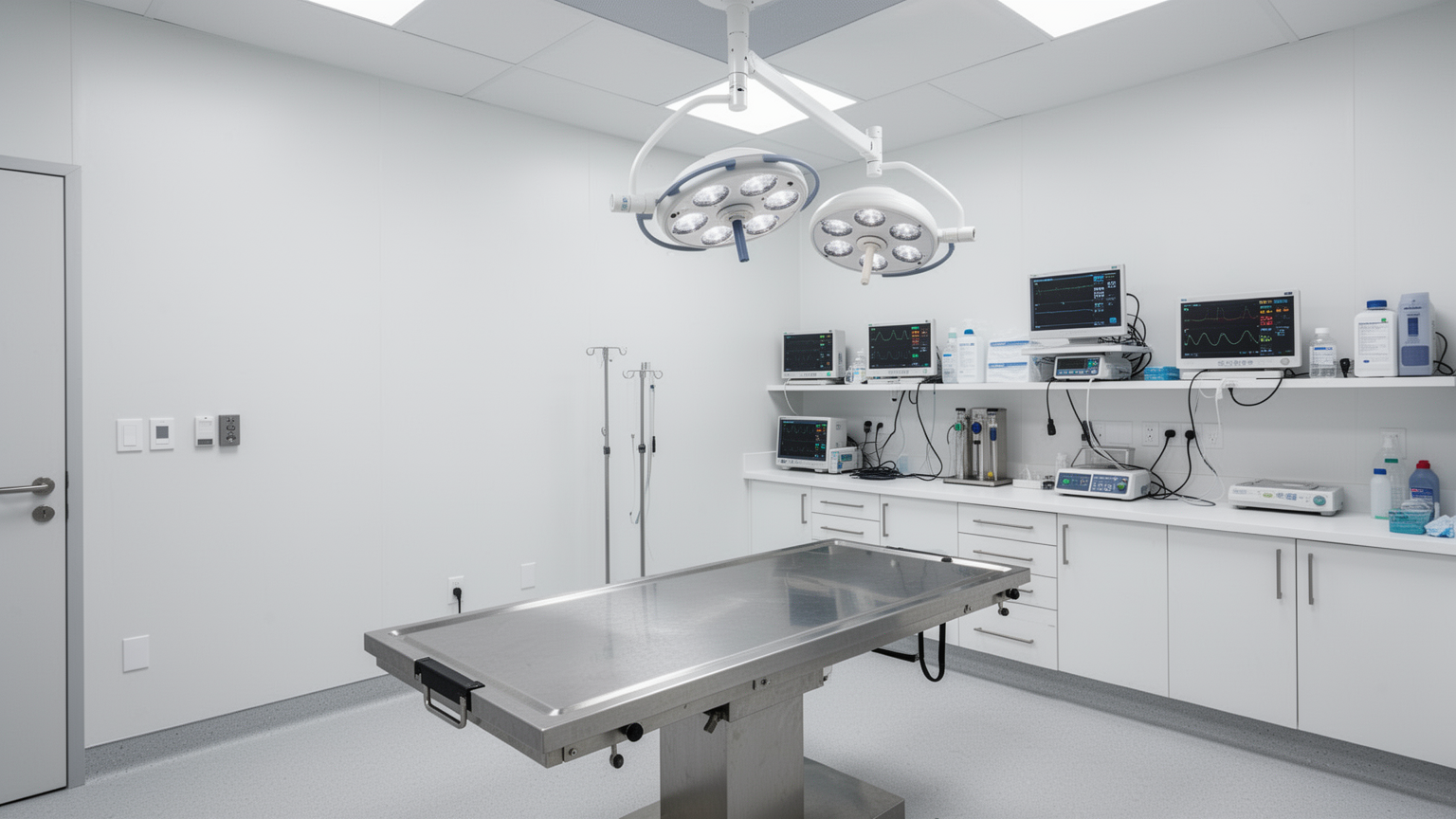 Modern veterinary exam room with equipment and sterile setup