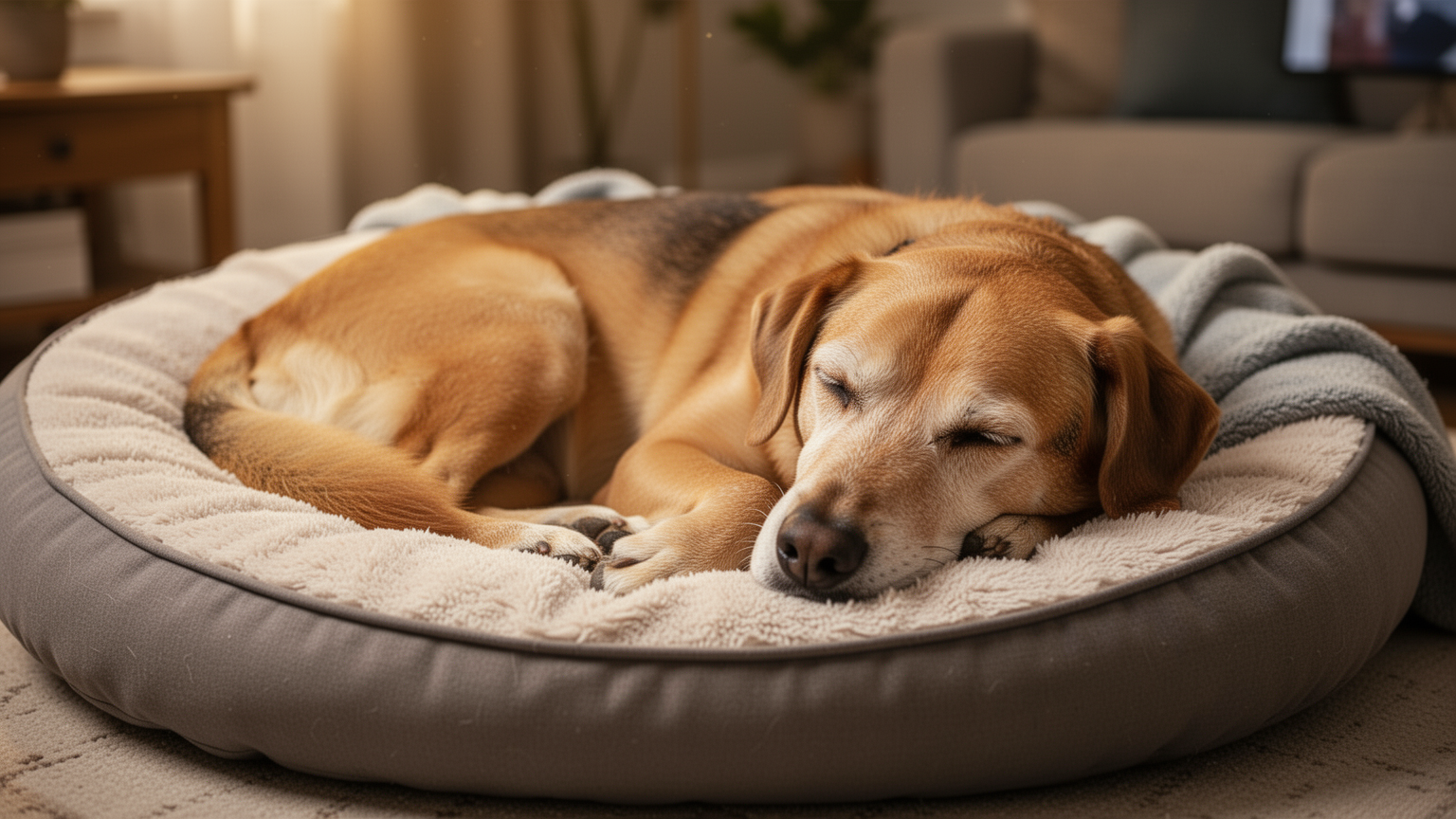 Dog resting peacefully on a bed during home recovery
