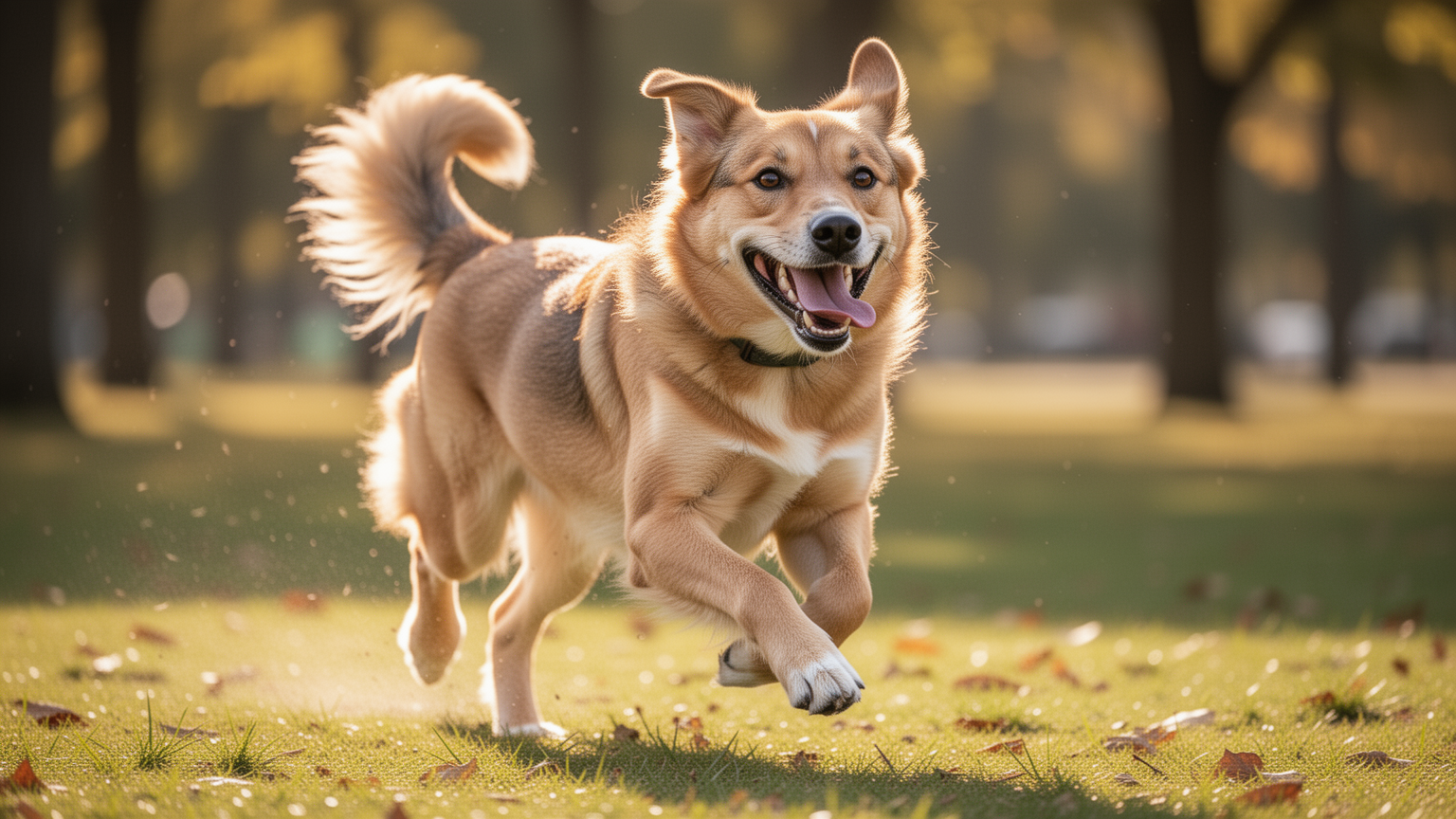 A happy, active adult dog playing outdoors with no visible signs of illness.