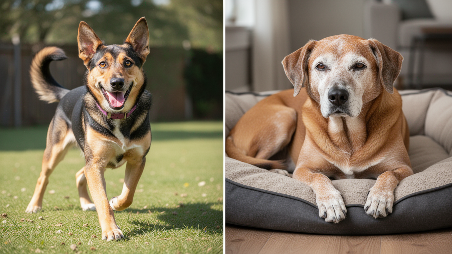 A young energetic dog and an older calm dog representing different life stages requiring different vet care schedules