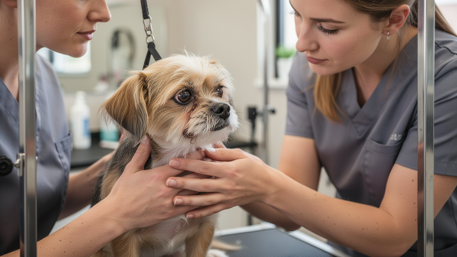 A professional groomer gently handling a small nervous dog with attentive care