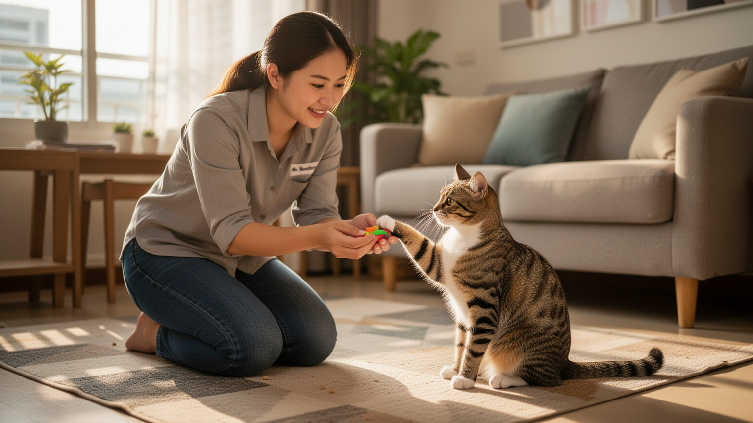 A pet sitter kneeling down and offering a treat to a cat in a home living room.