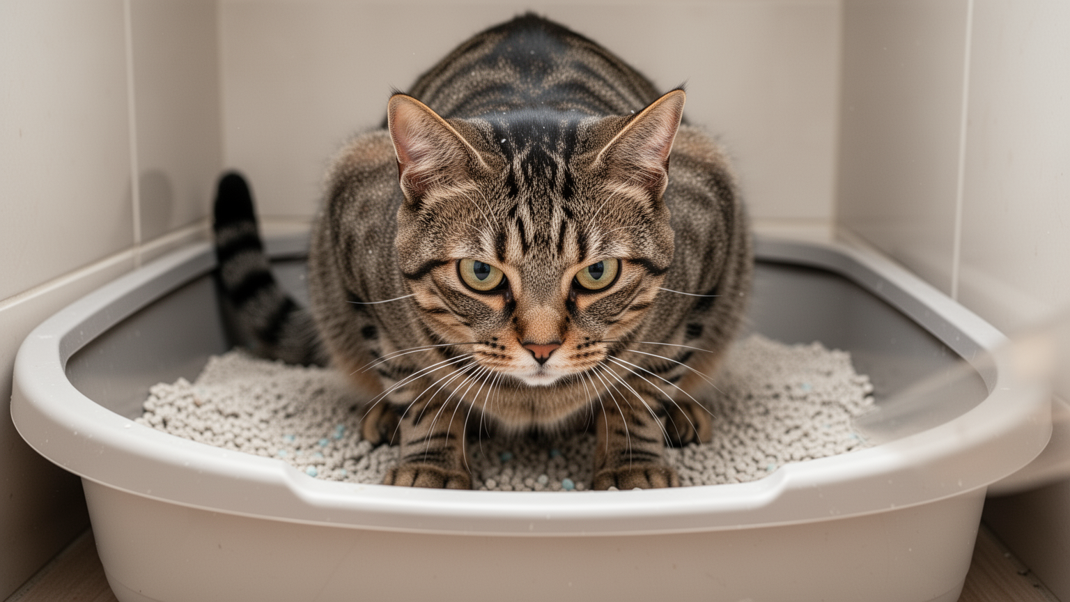 Male tabby cat crouching in litter box with tense posture, concentrated expression, ears forward