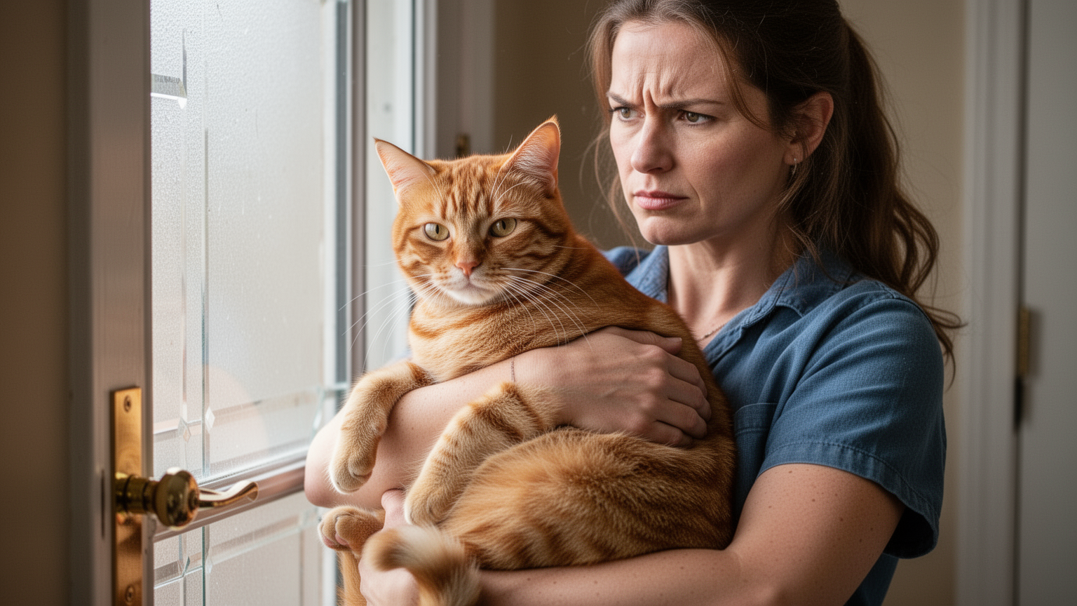 Cat owner holding their orange tabby cat securely in arms near a door, with calm determined expression