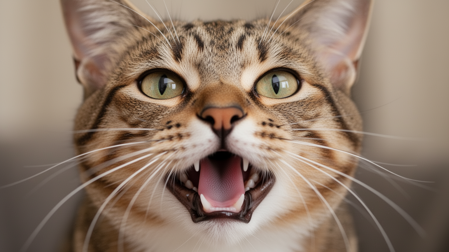 Close-up of cat's face showing open-mouth breathing and alert expression