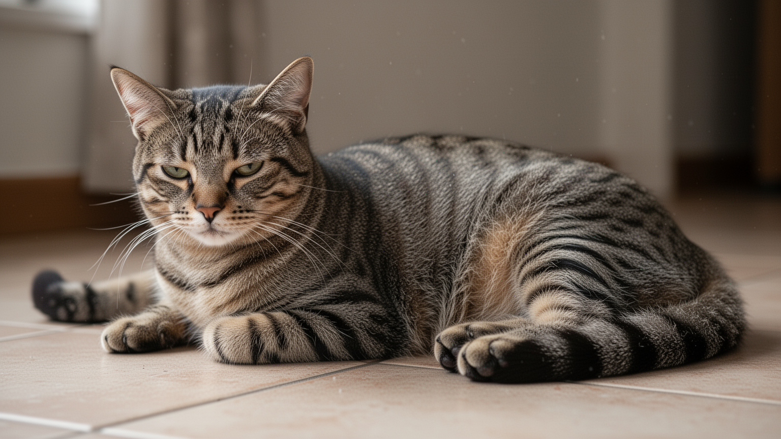 Tabby cat lying still with vacant expression and unresponsive posture, showing signs of disorientation