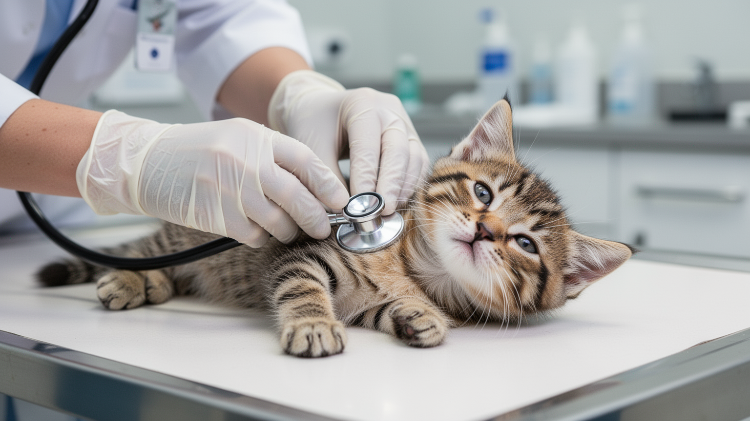 Veterinarian examining kitten's chest with stethoscope during clinical visit
