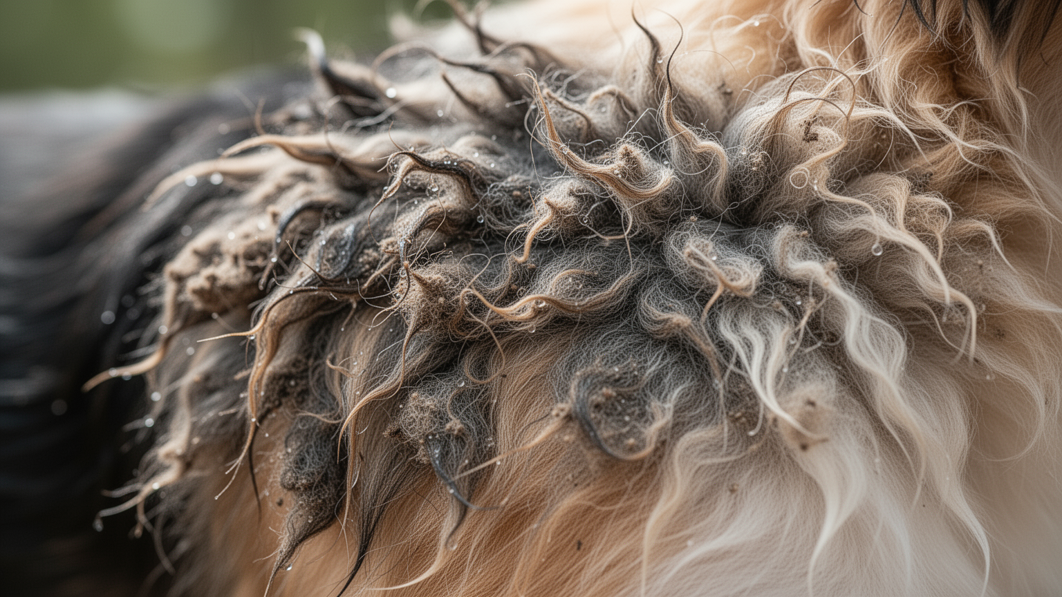 Extreme close-up of matted dog fur showing tightly bound, clumped hair texture with visible density and tangles.