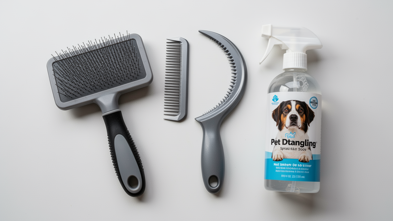 Flat-lay of de-matting tools: a slicker brush, mat splitter comb, and pet detangling spray bottle arranged on a neutral background.