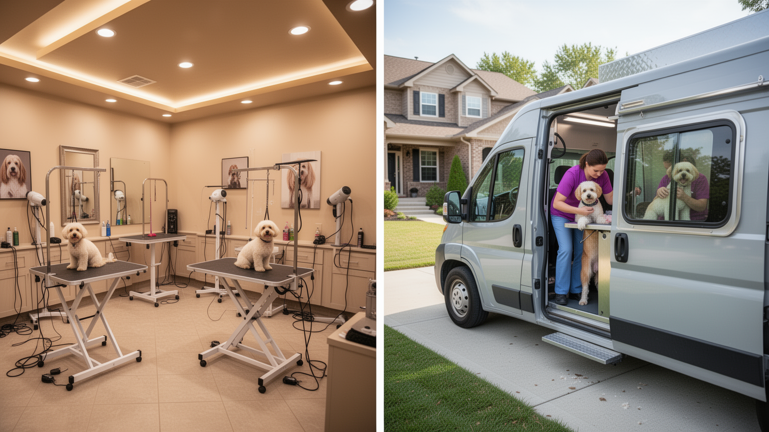 Two side-by-side photos: left shows a salon grooming station interior; right shows a grooming van parked at a house.