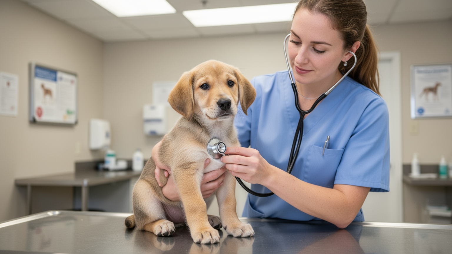 Veterinarian in scrubs examining a young puppy with a stethoscope during a routine wellness check.