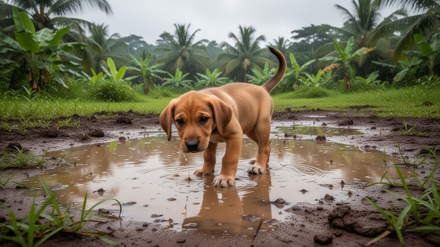 Puppy outdoors in wet tropical environment with puddles and lush vegetation