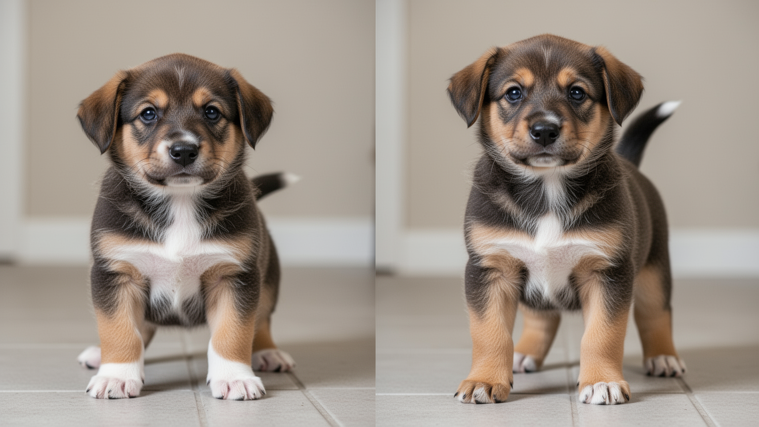 Side-by-side photo comparison of a 6-week-old puppy and an 8-week-old puppy showing size and maturity differences