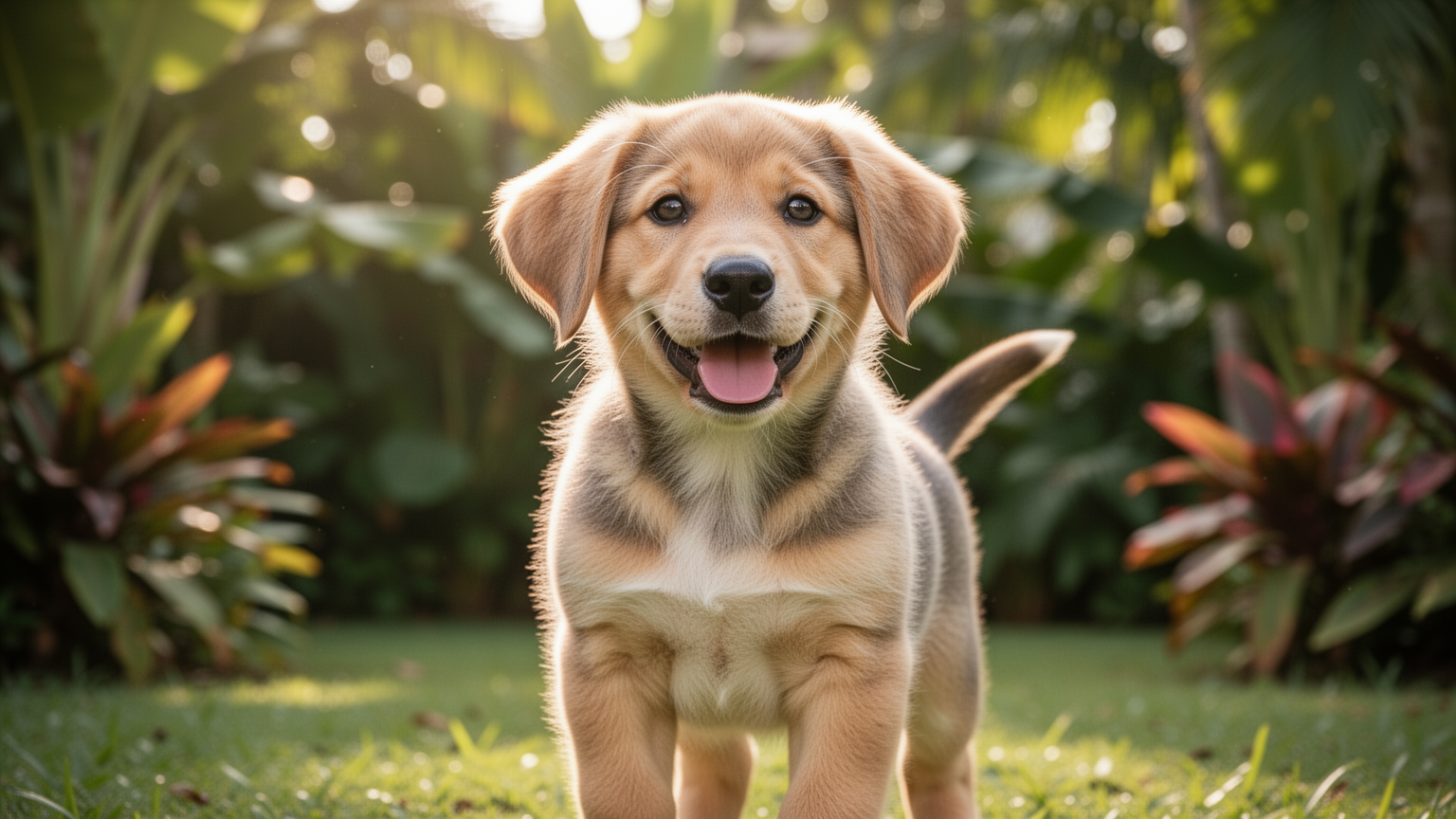 Healthy puppy portrait in a tropical outdoor garden setting