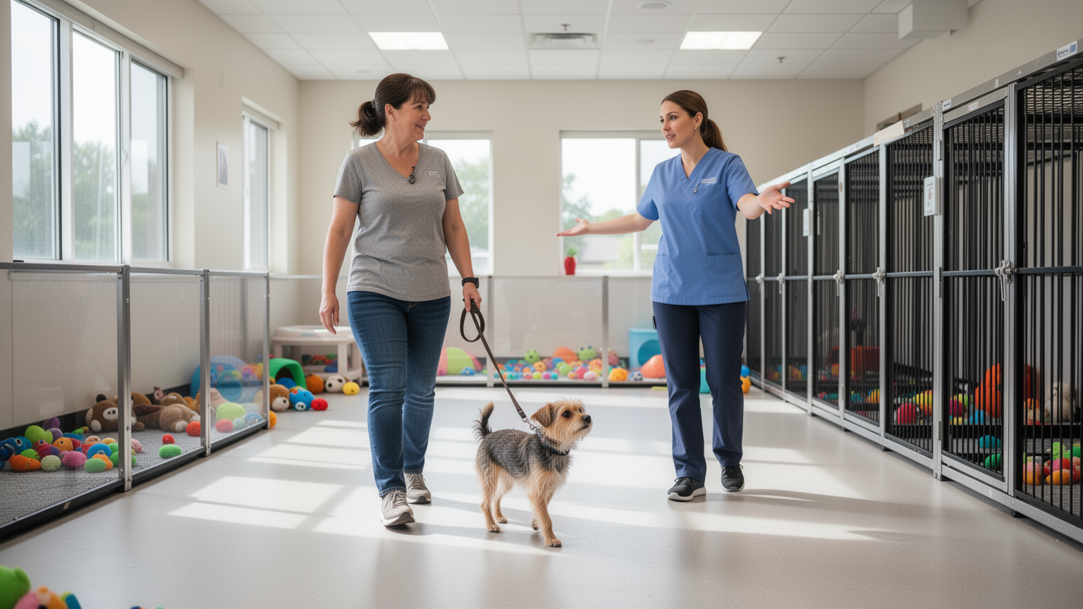 An owner and anxious dog tour a boarding facility with a staff member during an introductory visit.