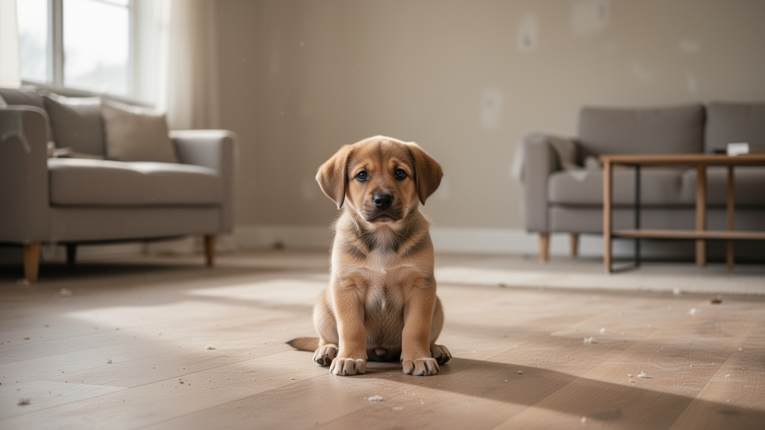 A young puppy looking cautious in an unfamiliar living space
