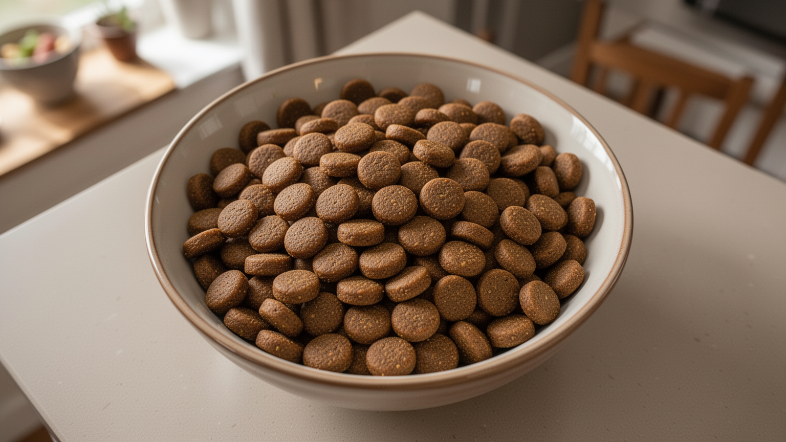 A close-up of dry puppy kibble in a bowl
