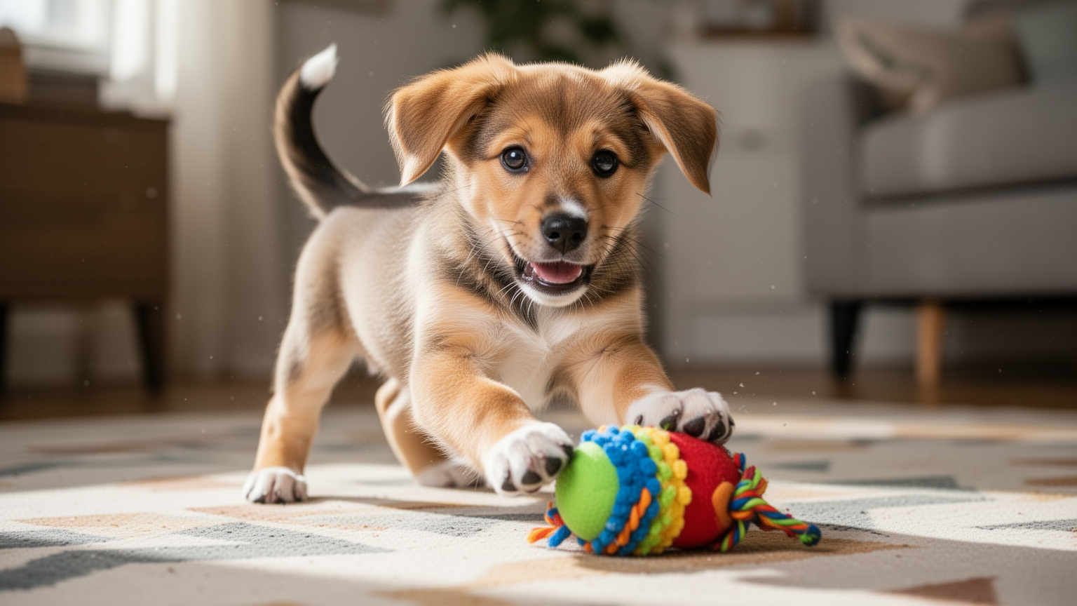 A healthy, playful puppy indoors showing signs of good adjustment