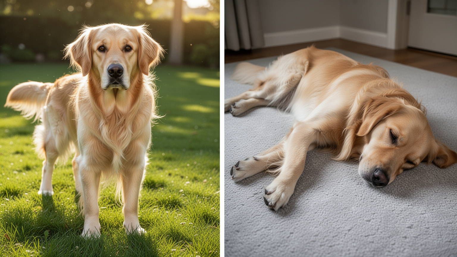 Left: alert dog standing on grass with upright posture. Right: dog lying limp on its side unable to move.